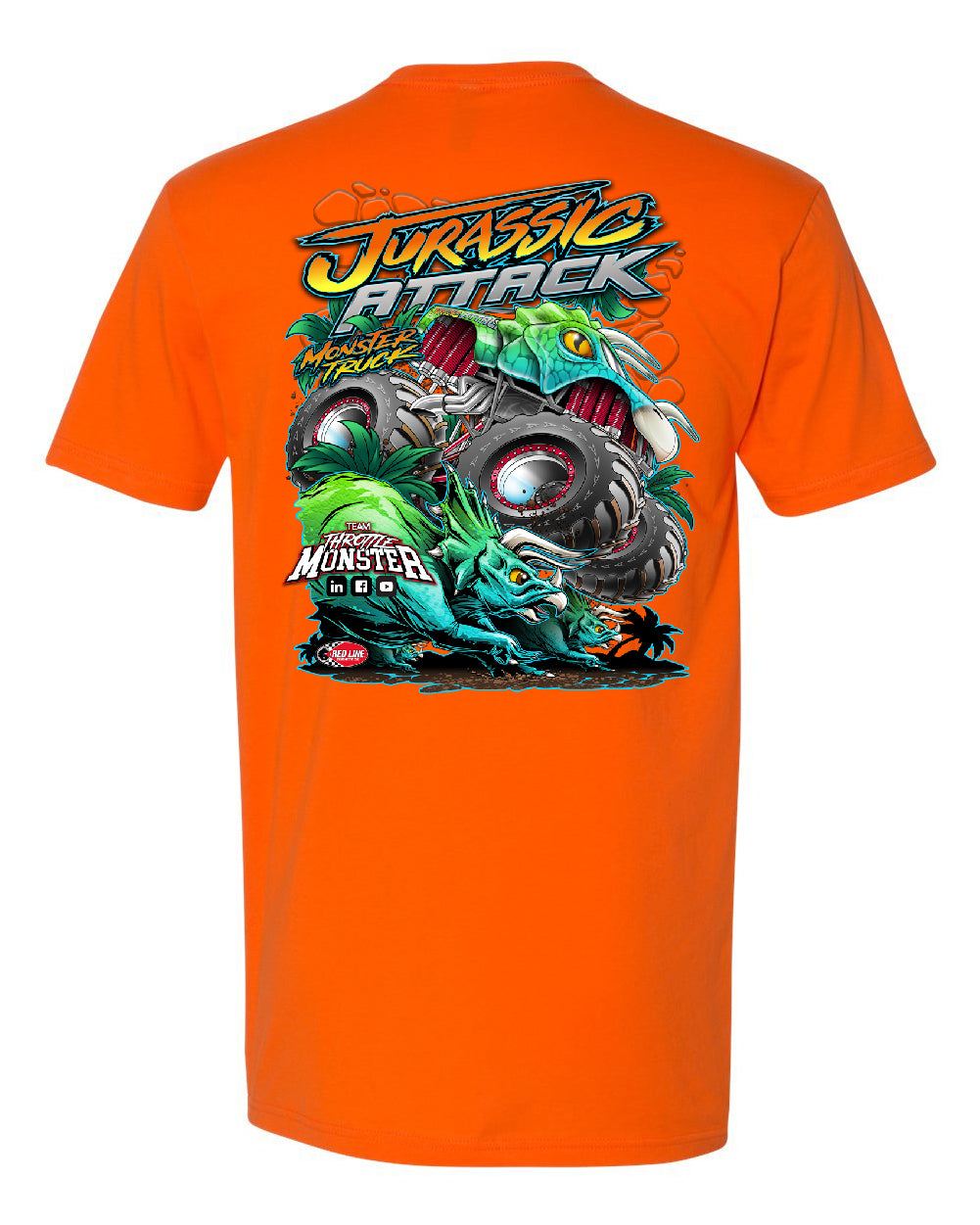 Adult Jurassic attack orange shirt back