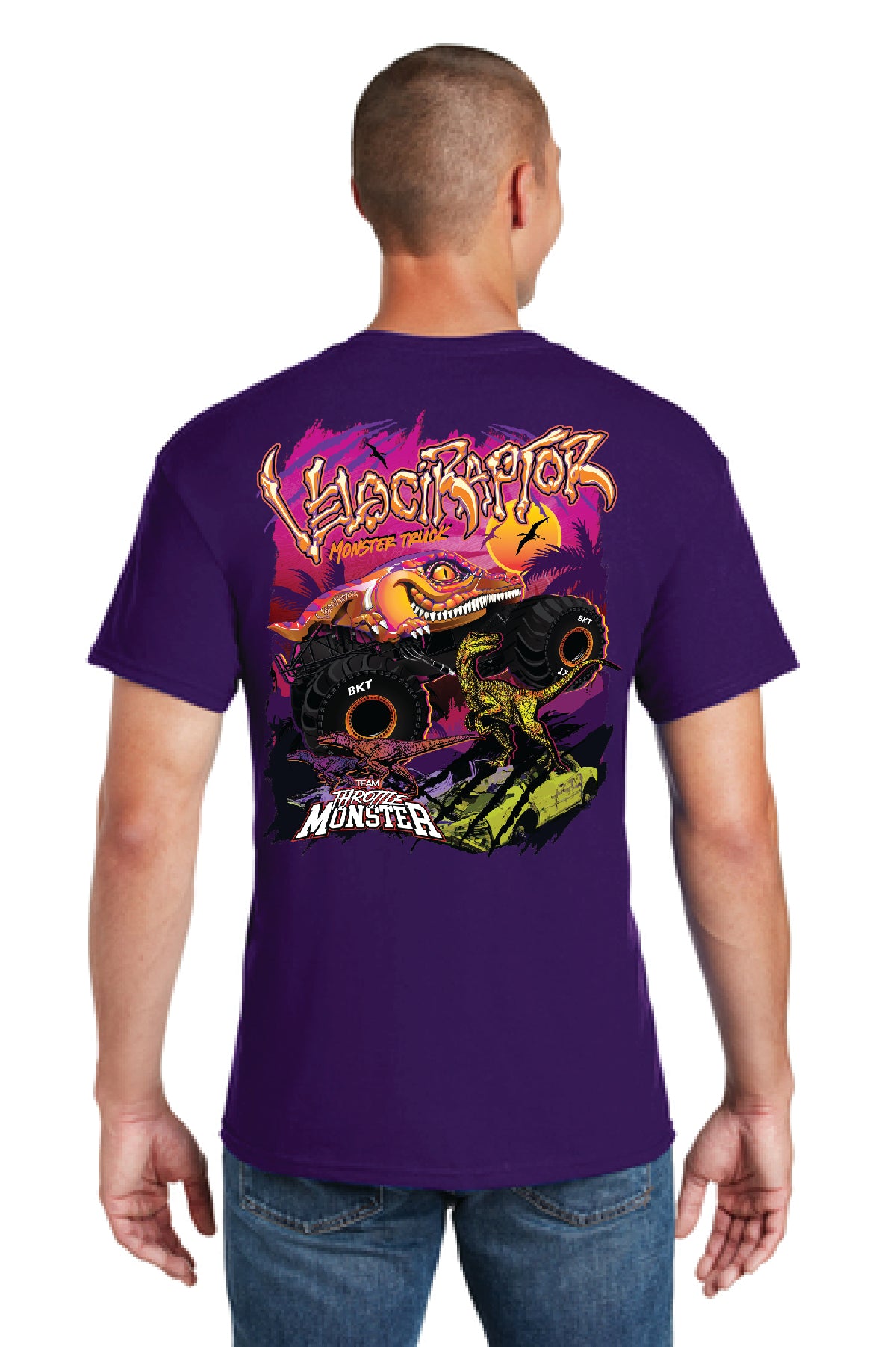 Kid's Velociraptor Monster Truck Purple Shirt Back