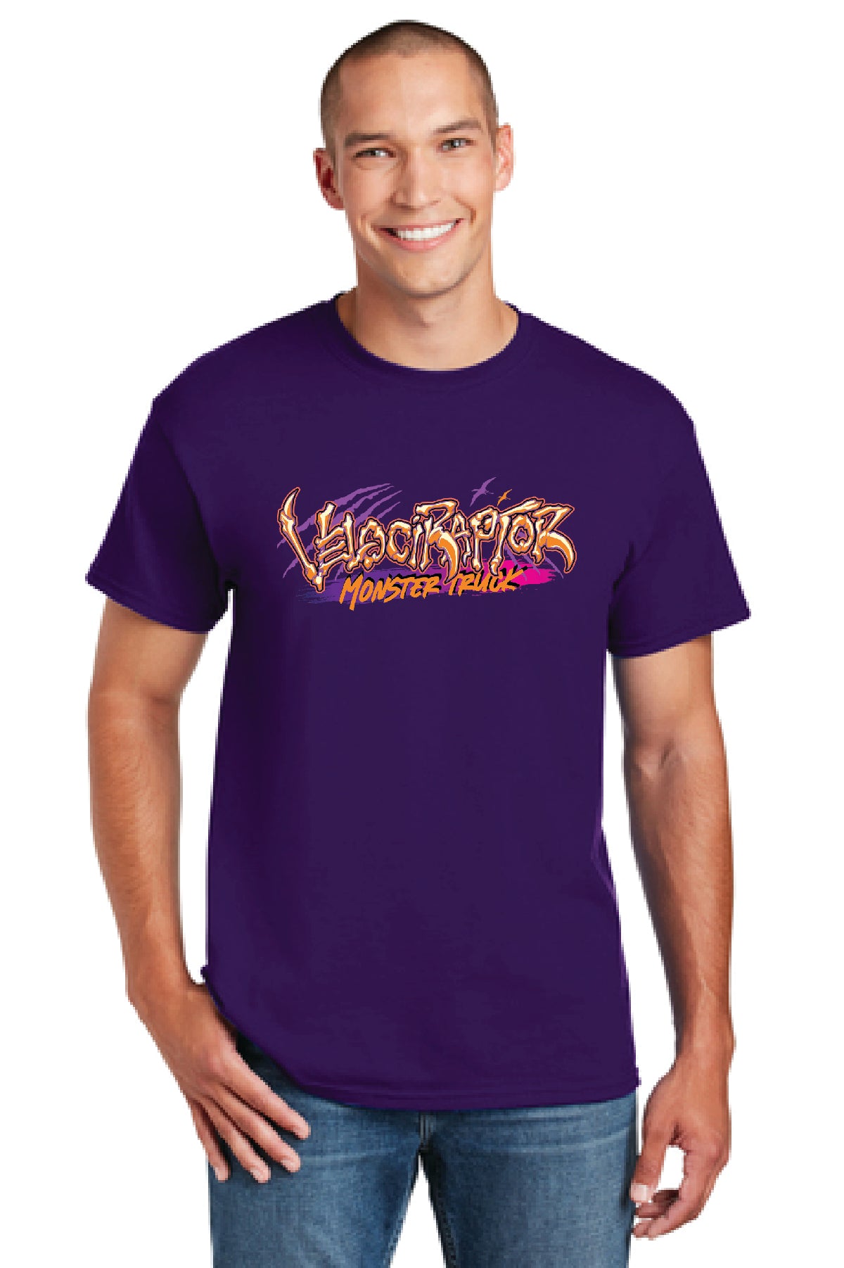 Kid's Velociraptor Monster Truck Purple Shirt Front