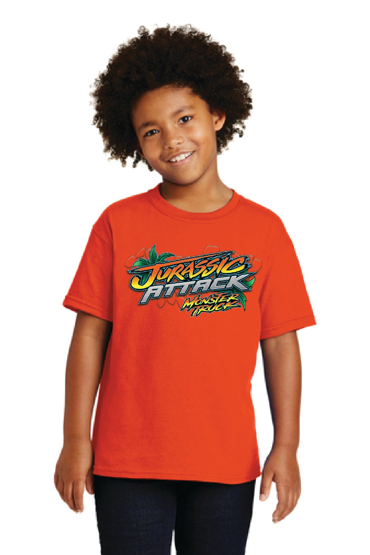 Kid's Jurassic Attack Orange Shirt Front